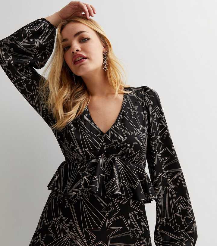 Black Star Frill Long Sleeve Mini Dress