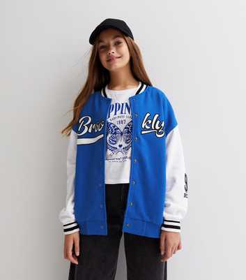 Girls Bright Blue Brooklyn Varsity Logo Bomber Jacket