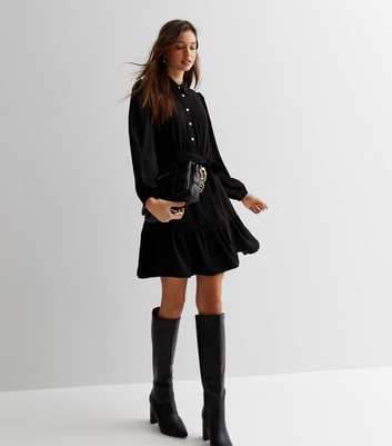Black Long Sleeve Belted Mini Shirt Dress