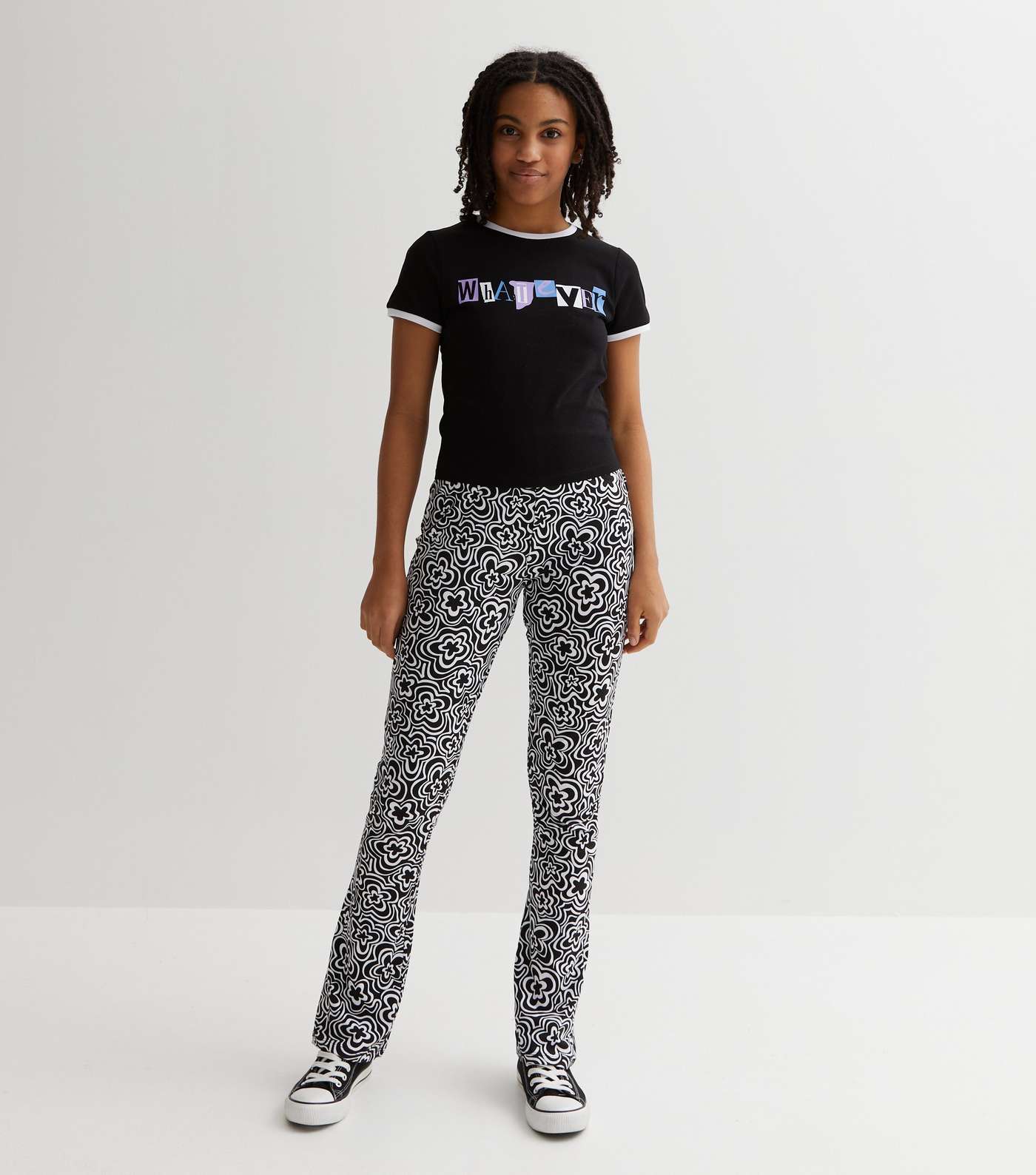 Girls Black Floral Doodle Print Flared Trousers Image 3