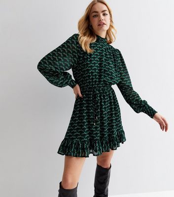 Green Geometric Chiffon High Neck Long Sleeve Frill Mini Dress | New Look