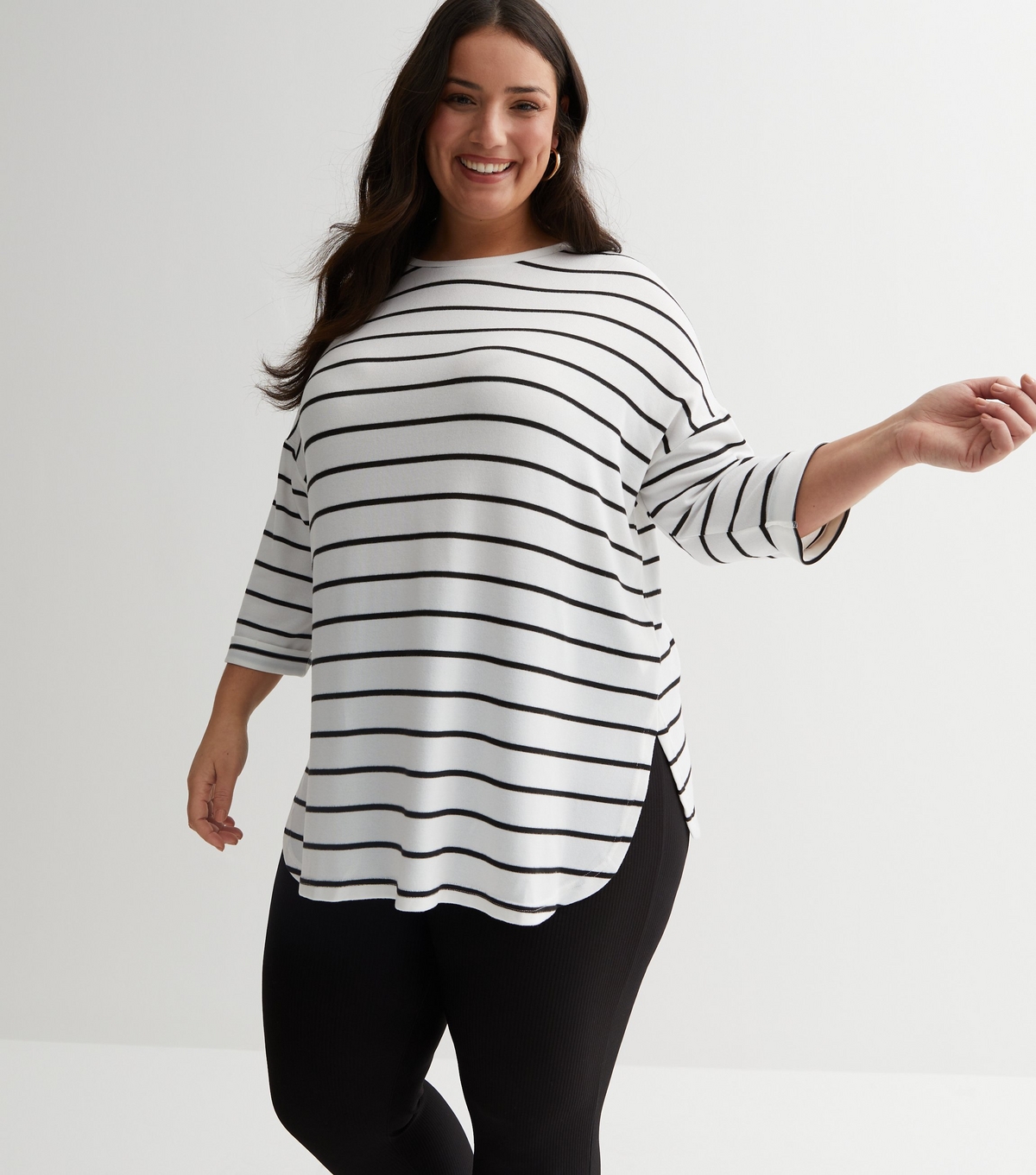 Women's Plus Size White Stripe Fine Knit 3/4 Sleeve Batwing Top Curves New Look