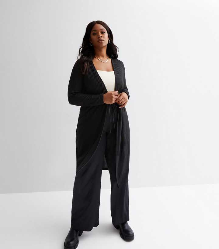 Curves Black Ribbed Fine Knit Midi Cardigan