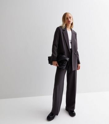 Dark Grey Pinstripe Revere Collar Button Front Blazer