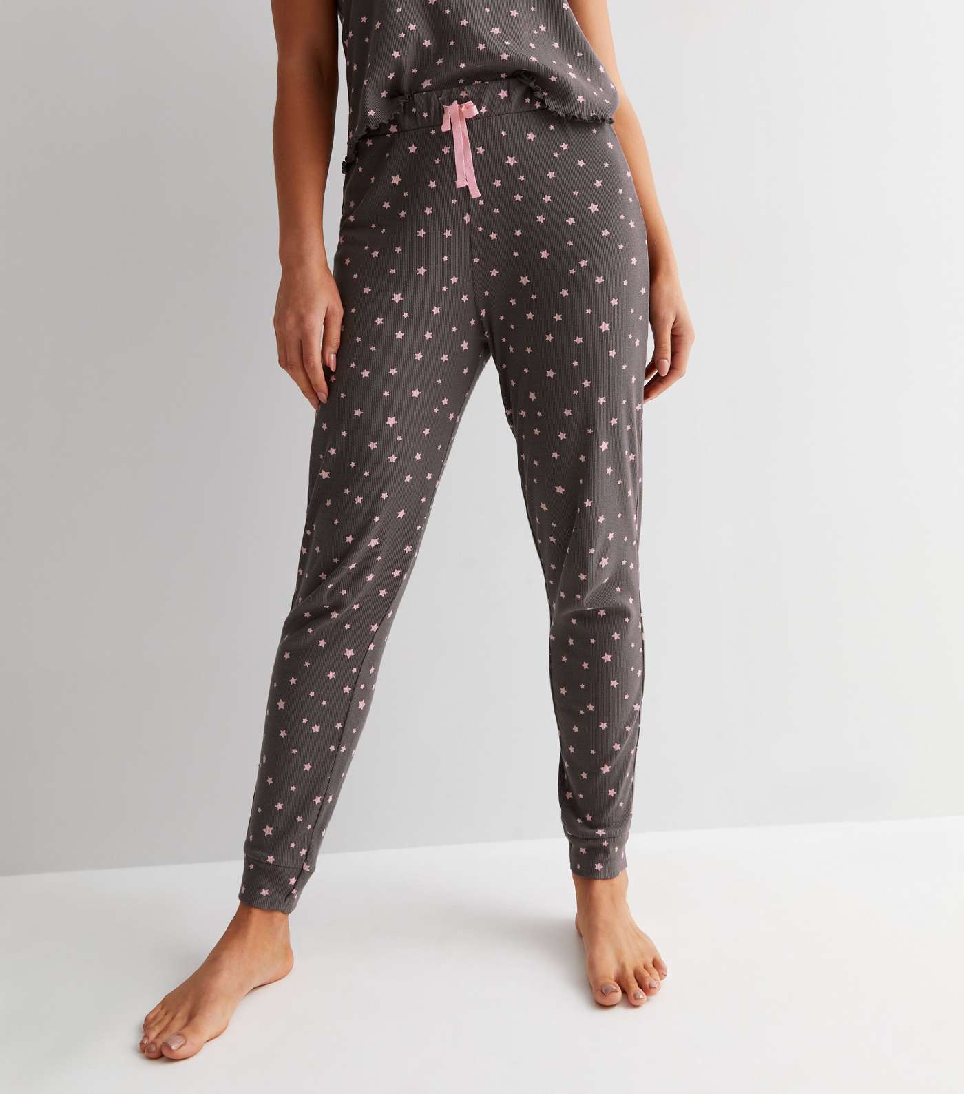Light Grey Ribbed Frill Jogger Pyjama Set with Star Print Image 3