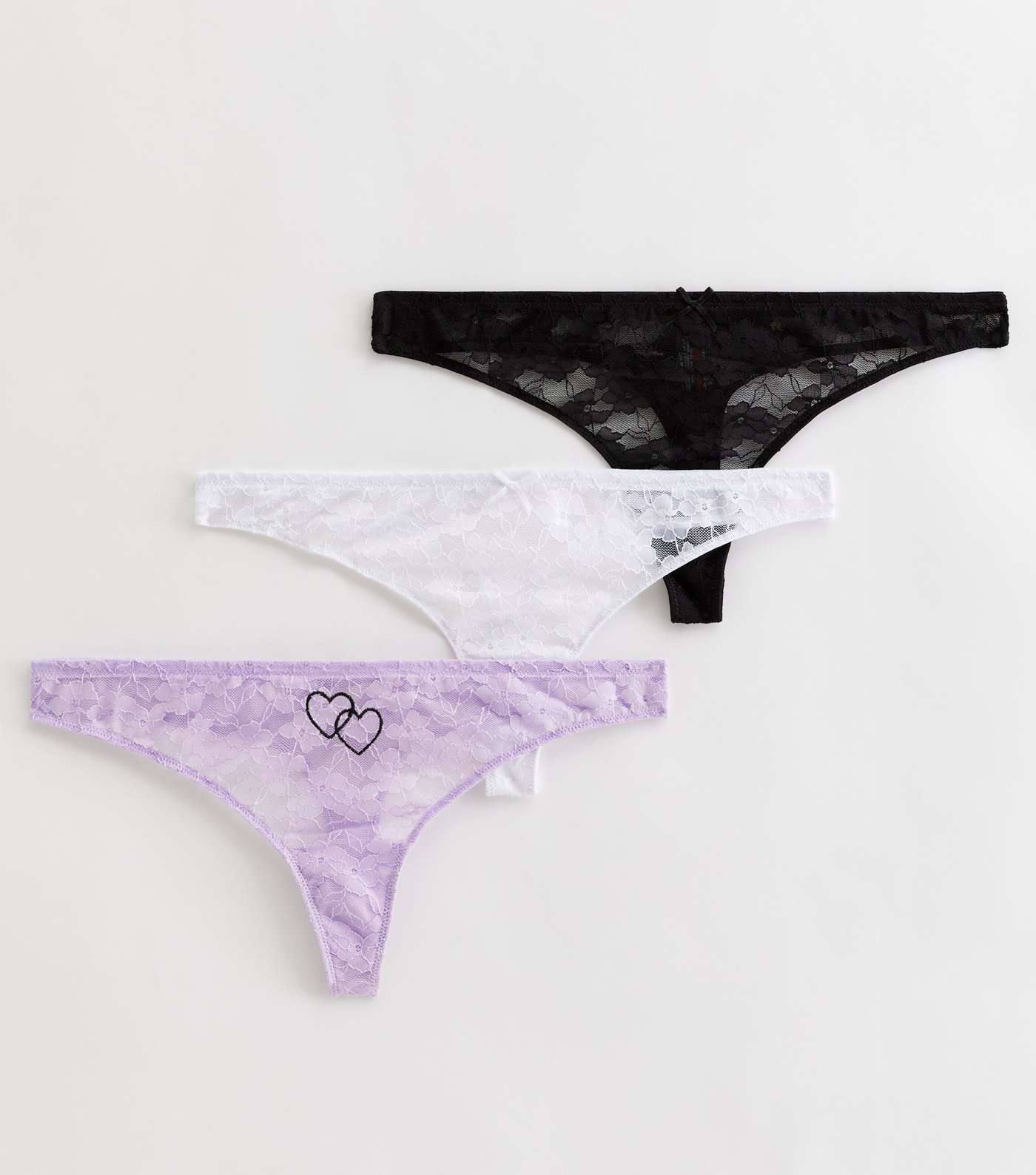 3 Pack Lilac Heart White and Black Lace Thongs Image 4