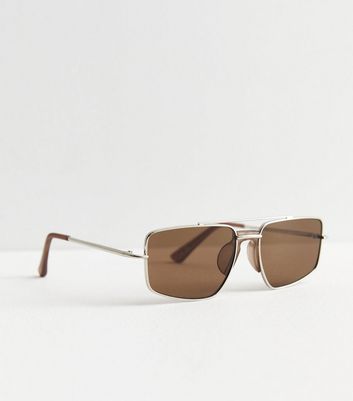 Men's Silver Rectangle Pilot Frame Sunglasses New Look
