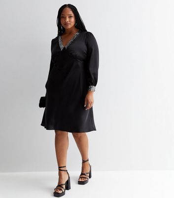Curves Black Satin V Neck Long Sleeve Sequin Trim Mini Dress New Look