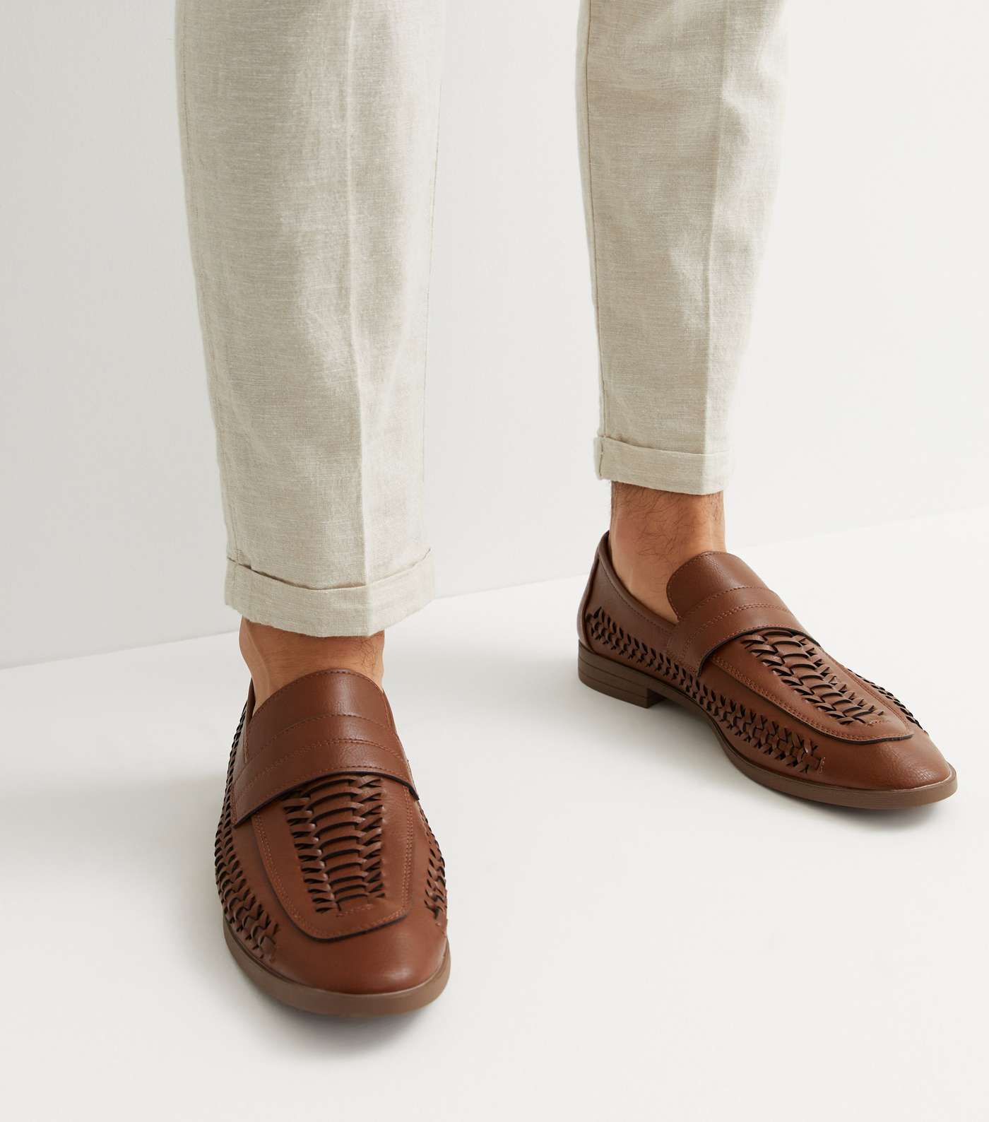 Dark Brown Leather-Look Woven Loafers Image 2