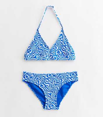 Girls Blue Butterfly Doodle Print Triangle Bikini Set