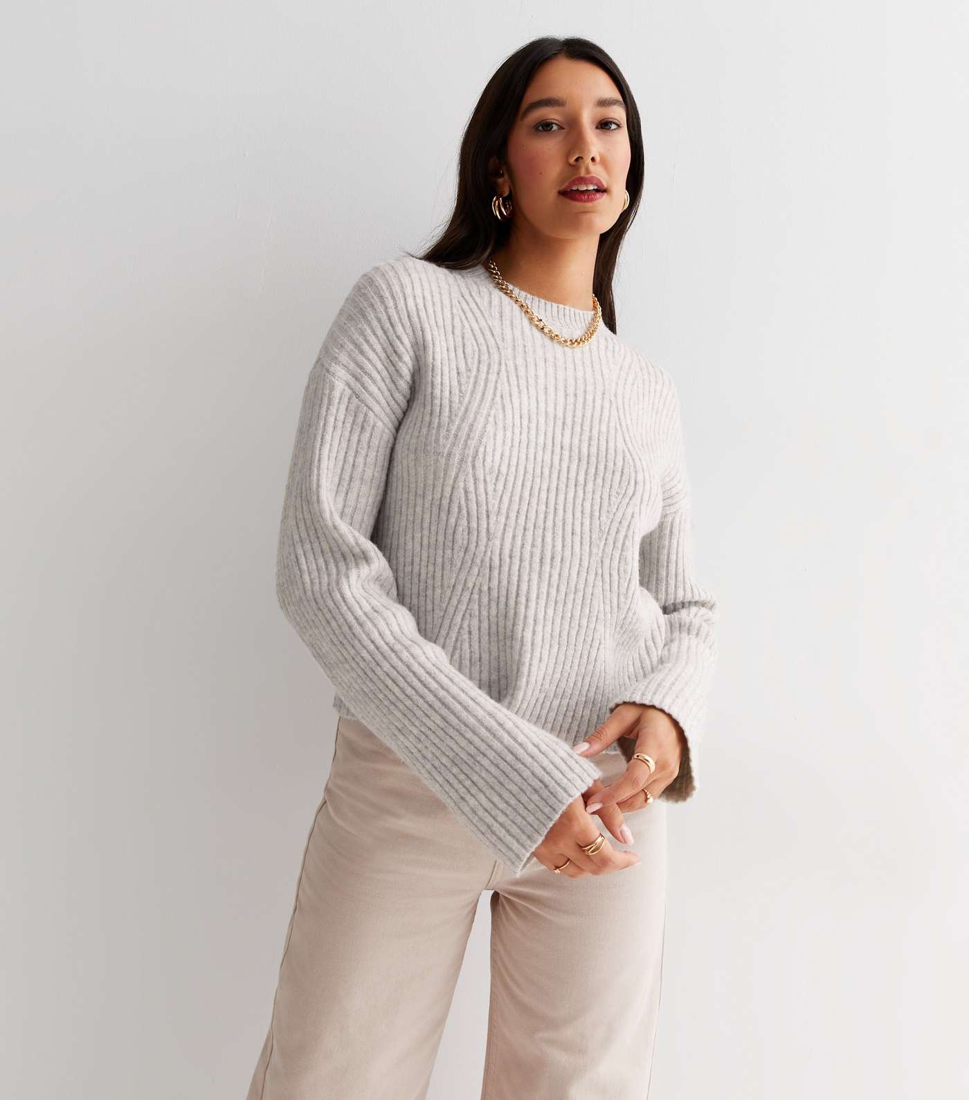 Tall Pale Grey Ribbed Knit Crew Neck Jumper Image 2