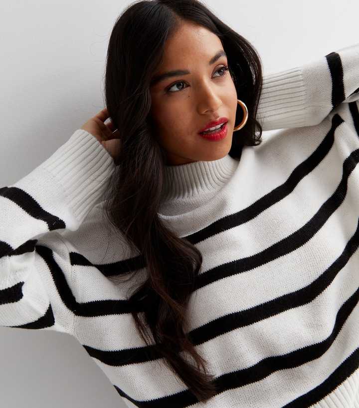 Petite White Stripe High Neck Jumper | New Look