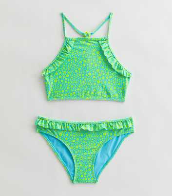 Girls Green Ditsy Floral Frill Crop Bikini Top and Bottom Set