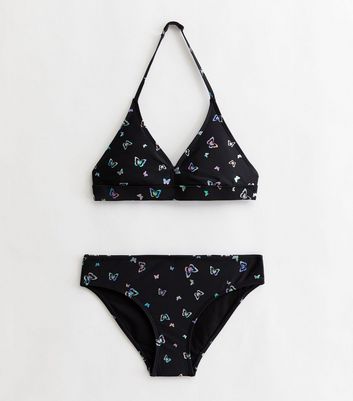 Girls Black Iridescent Butterfly Triangle Bikini Set New Look