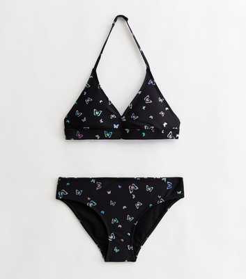 Girls Black Iridescent Butterfly Triangle Bikini Set