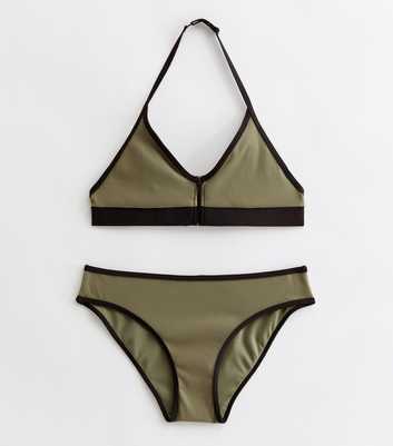 Girls Khaki Ribbed Zip Front Triangle Bikini Set