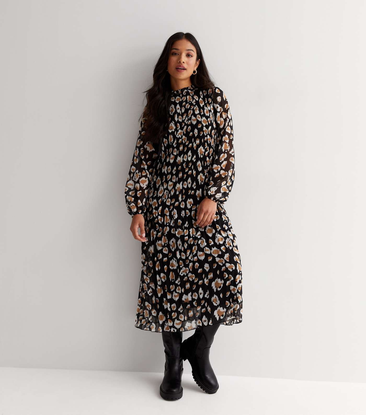 Petite Black Leopard Print Chiffon High Neck Midi Dress