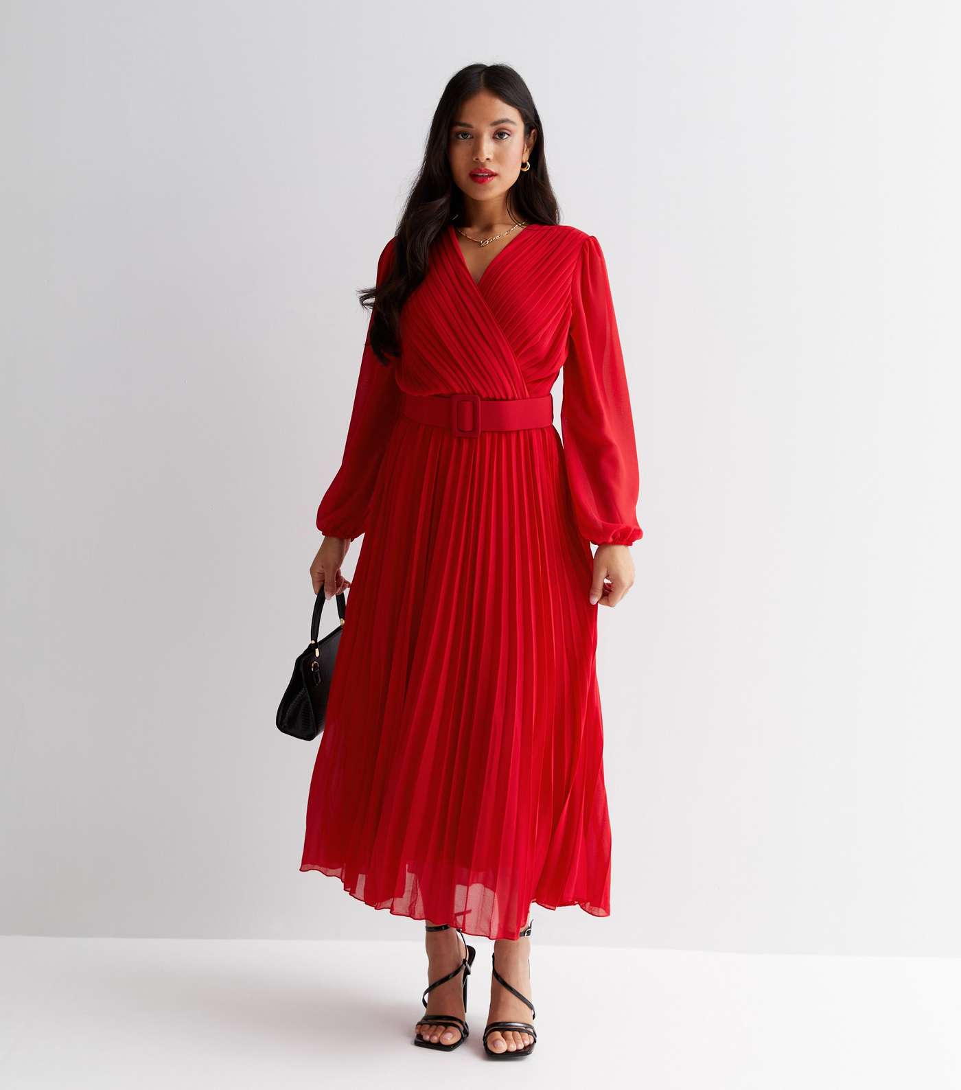 Petite Red Chiffon Pleated Belted Midi Wrap Dress Image 2