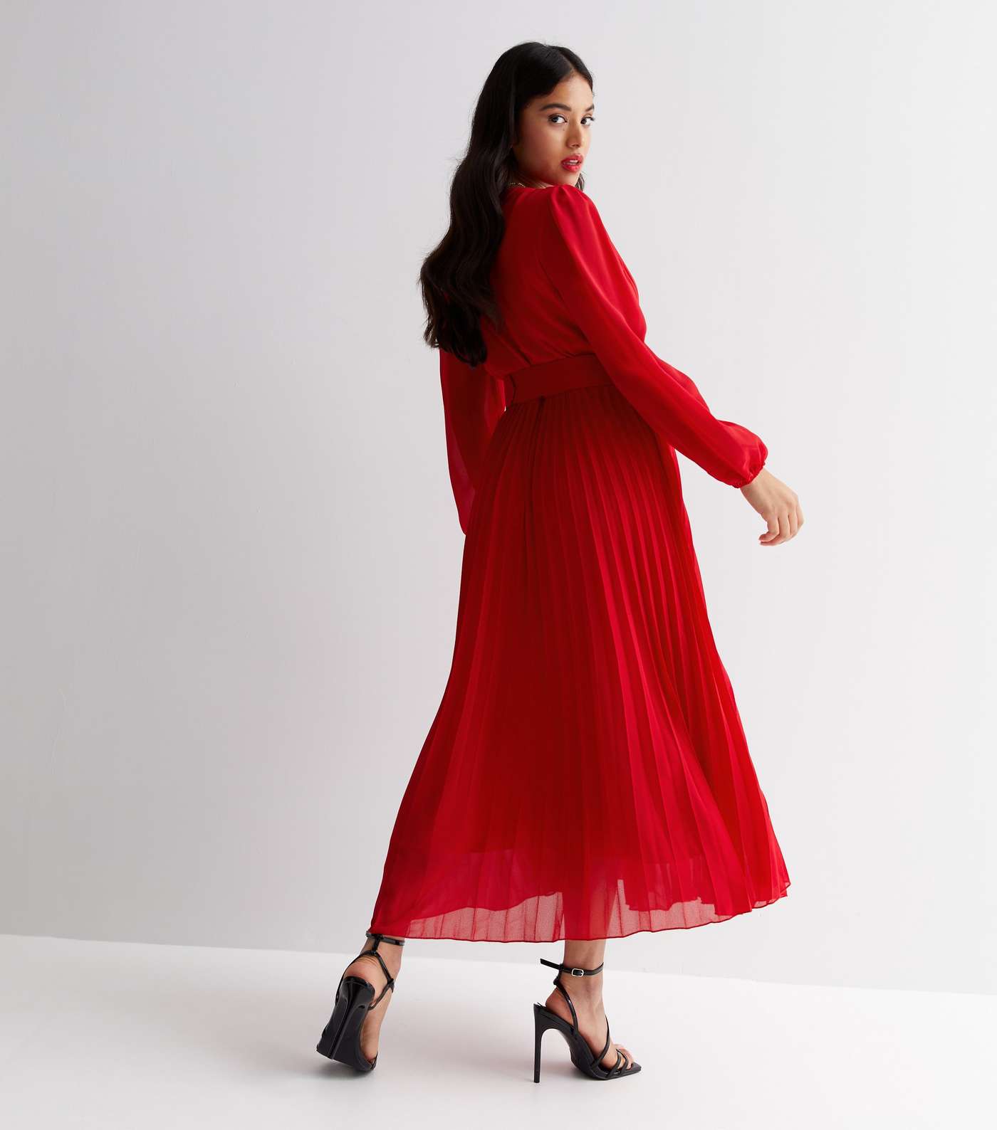 Petite Red Chiffon Pleated Belted Midi Wrap Dress Image 4