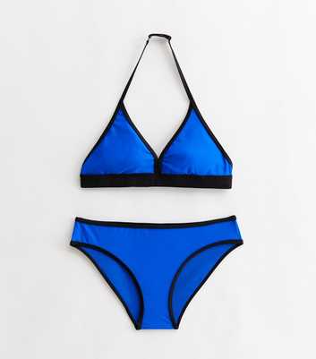 Girls Blue Contrast Trim Triangle Halter Bikini Set