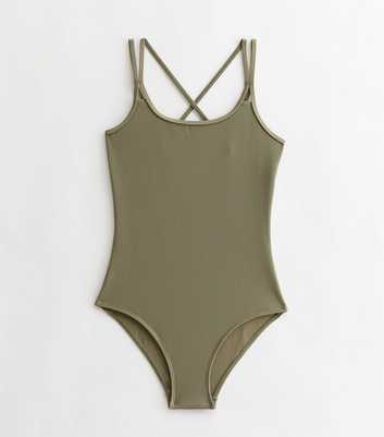 Girls Khaki Ribbed Strappy Back Swimsuit