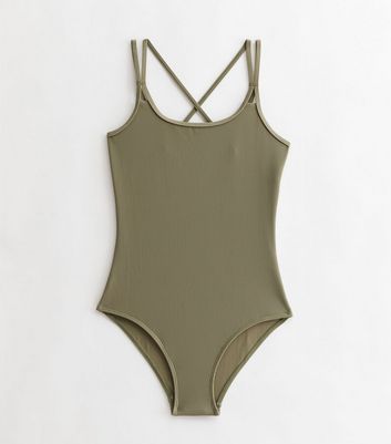 Ribbed　Swimsuit　New　Girls　Back　Strappy　Khaki　Look