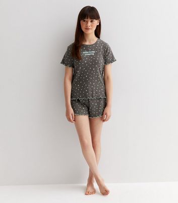 Girls Light Grey Star Ribbed Jersey Top and Shorts Lounge Set