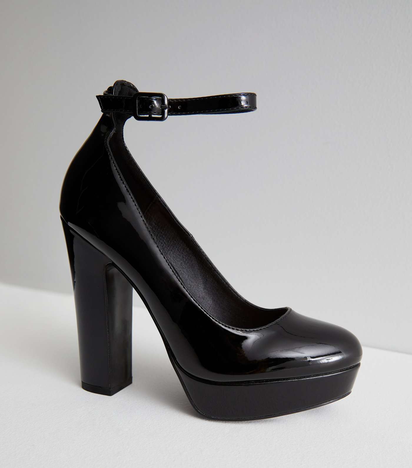 Black Patent Block Heel Platform Court Shoes | New Look