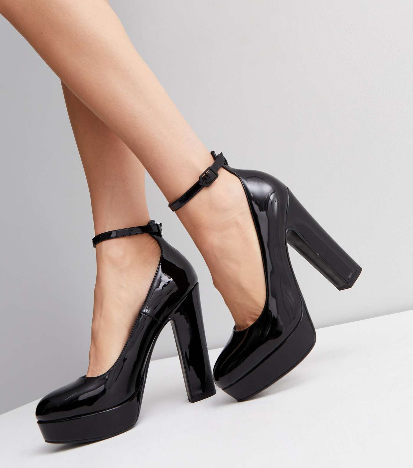 Black Patent Block Heel Platform Court Shoes Image 2