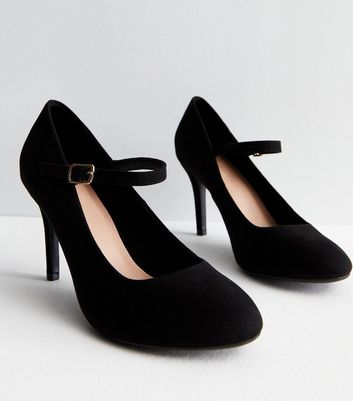 Wide Fit Black Suedette Rounded Stiletto Heel Court Shoes