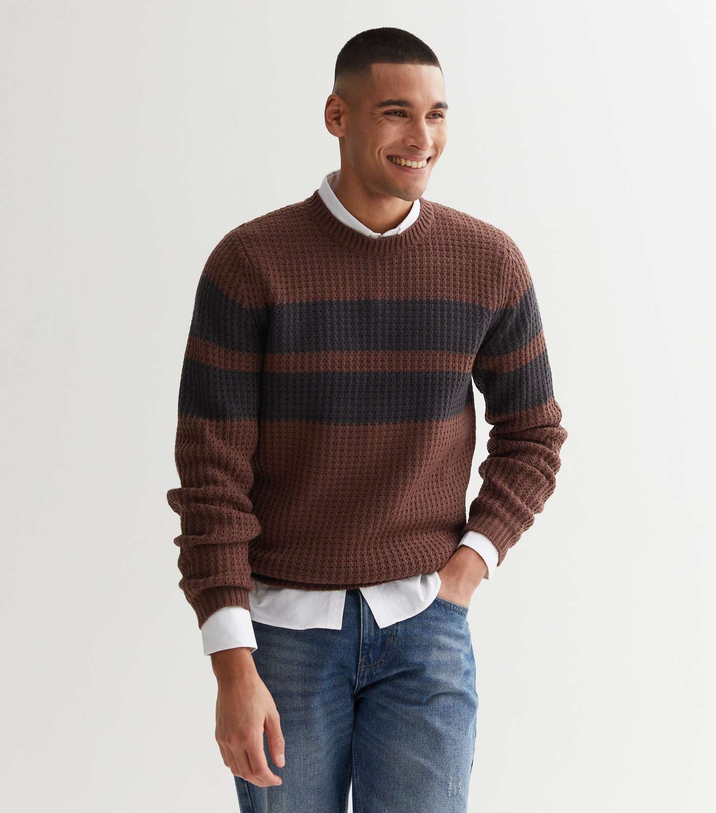 Only & Sons Dark Brown Stripe Chunky Knit Jumper Image 3