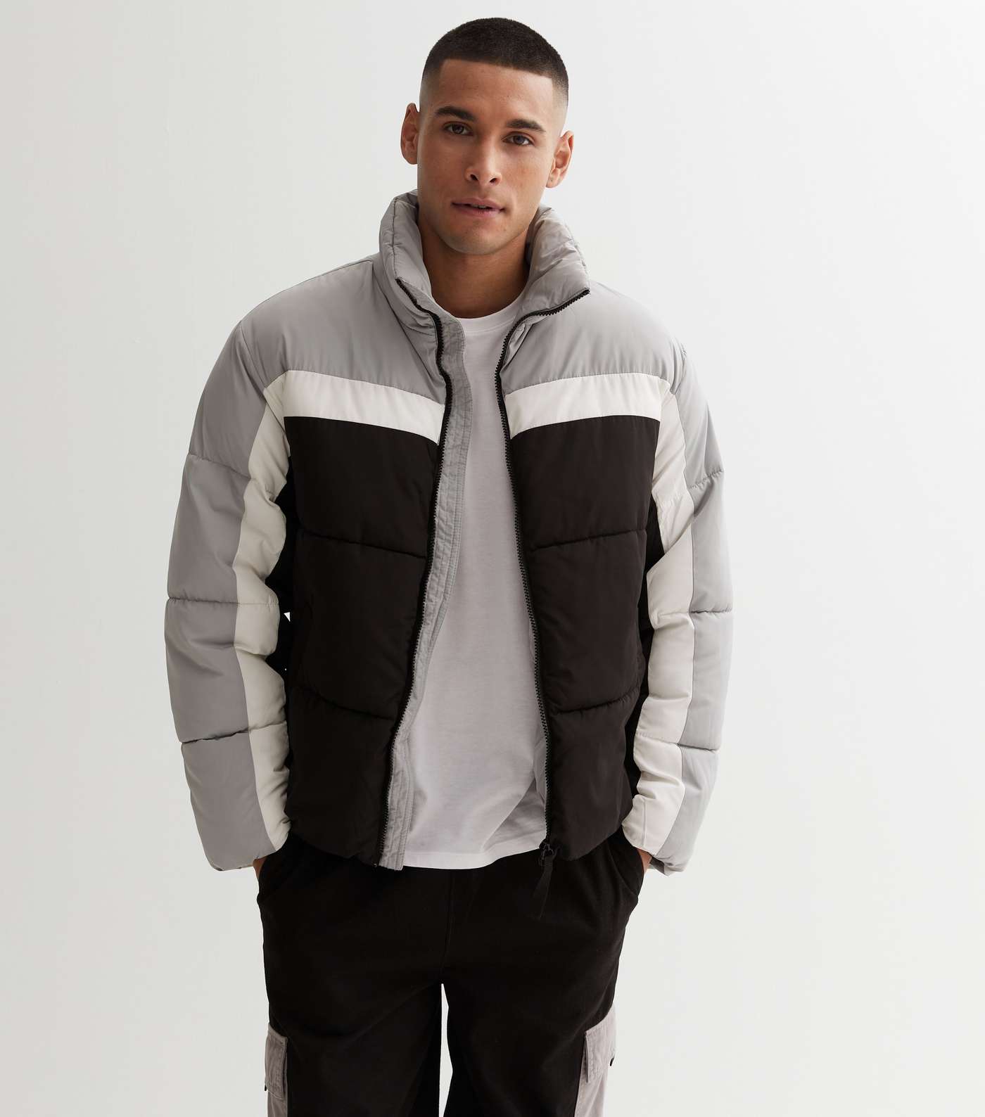 Only & Sons Grey Colour Block High Neck Puffer Jacket Image 2