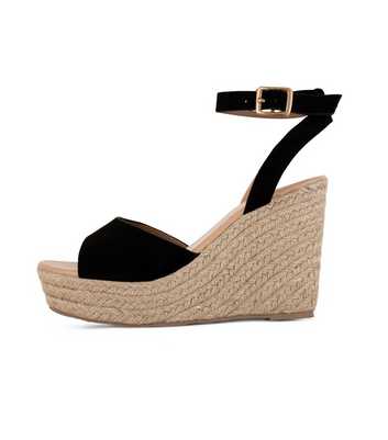 South Beach Black Leather-Look Espadrille Wedges
