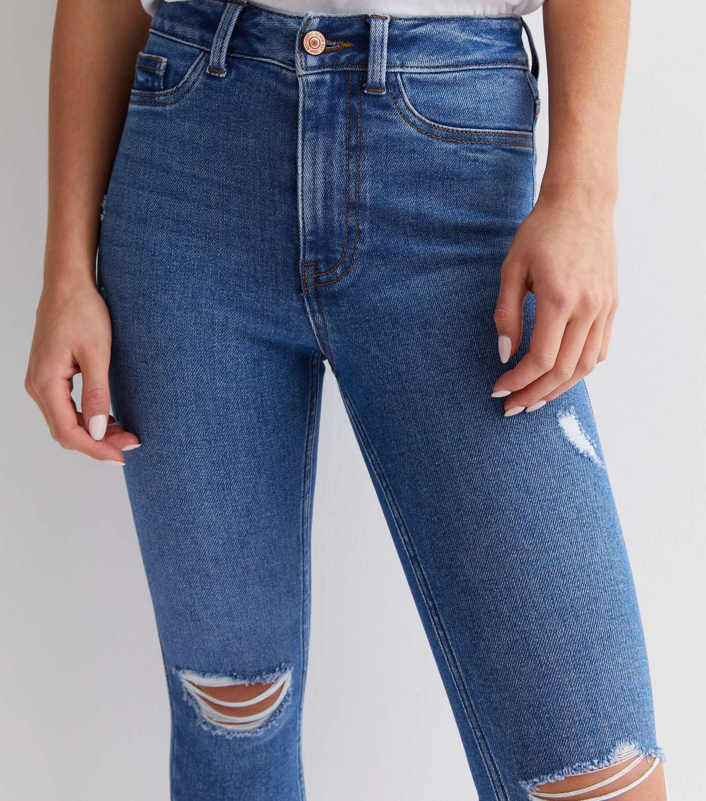 Petite Bright Blue Ripped Knee High Waist Hallie Super Skinny Jeans Image 3