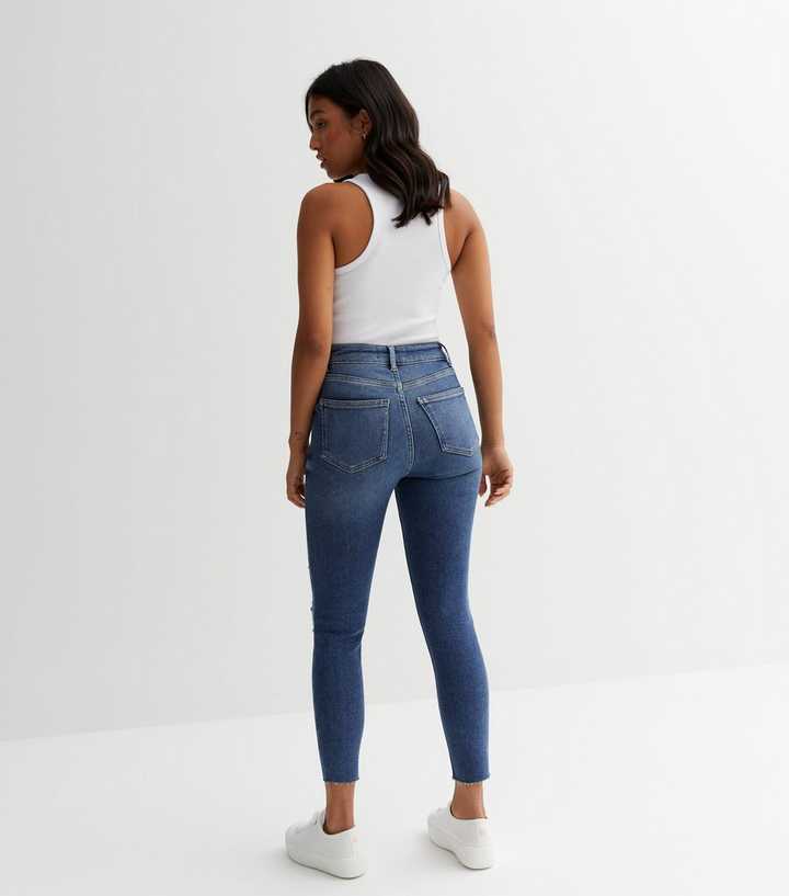Petite Blue Ripped Knee High Waist Hallie Super Skinny Jeans | New Look
