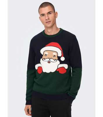 Only & Sons Navy Crew Neck Long Sleeve Novelty Santa Jumper