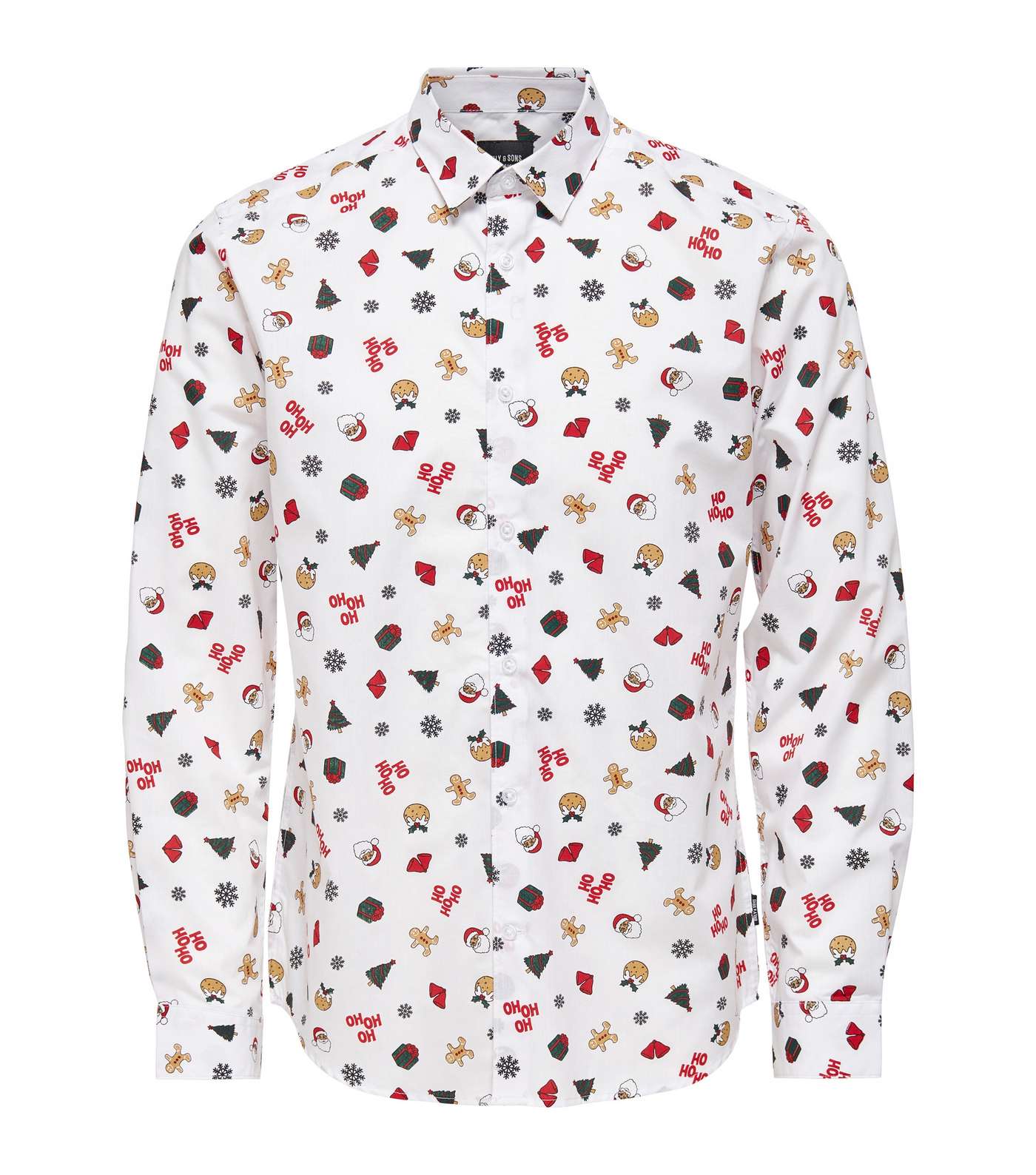 Only & Sons White Christmas Print Long Sleeve Slim Fit Shirt
