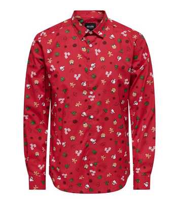 Only & Sons Dark Red Christmas Print Long Sleeve Slim Fit Shirt