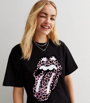 Black Leopard Print The Rolling Stones Logo T-Shirt