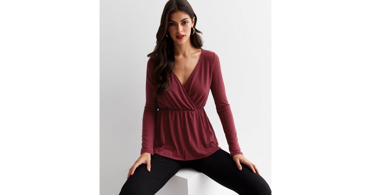 Ribbed Wrap Peplum Black Top main image 1
