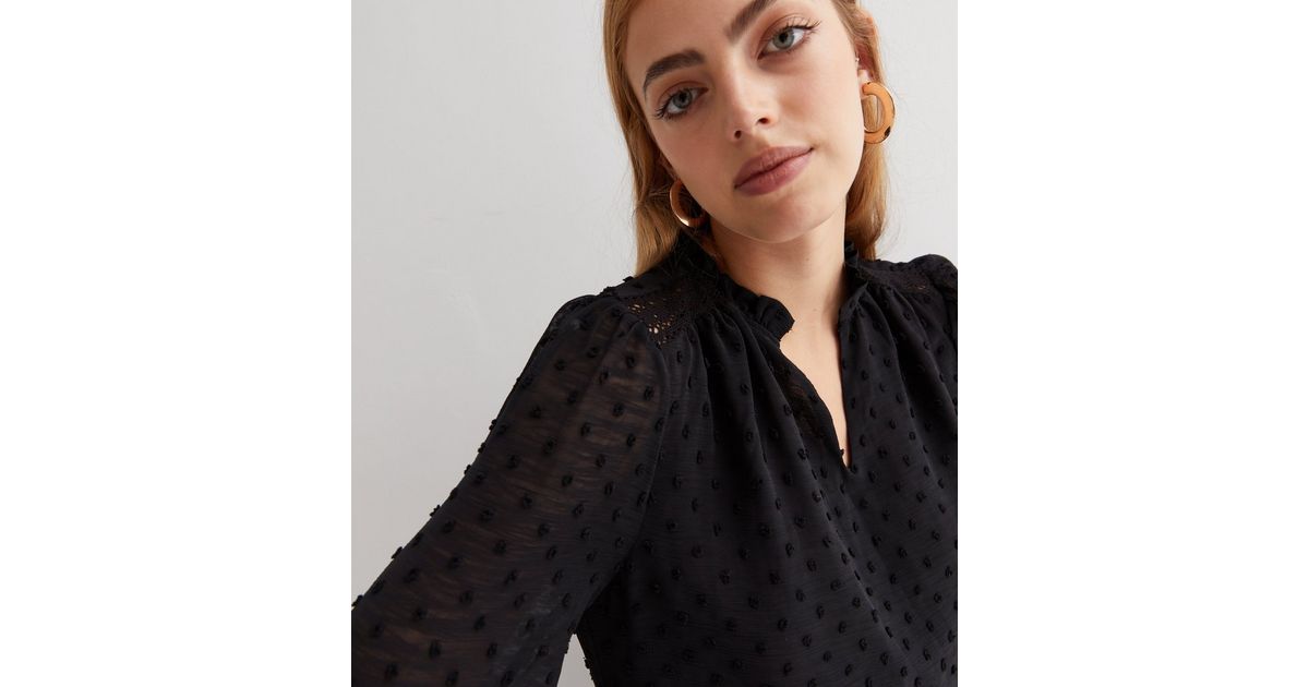 Gini London Black Spot Chiffon Long Puff Sleeve Blouse | New Look