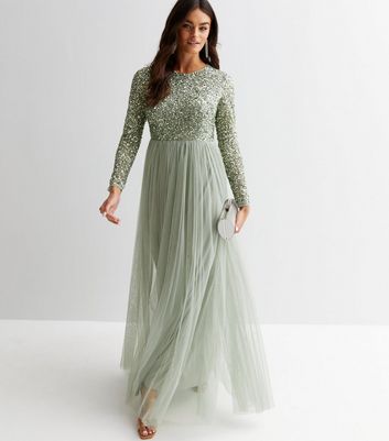 Maya Light Green Sequin Embellished Long Sleeve Maxi Dress New Look