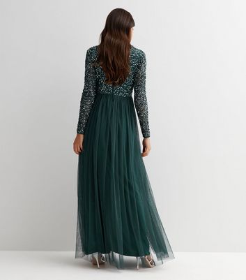 Maya embellished tulle sleeve maxi tulle dress hotsell in green