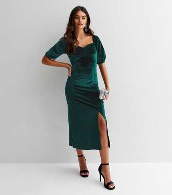 Gini London Green Velvet Sweetheart Short Puff Sleeve Midi Dress