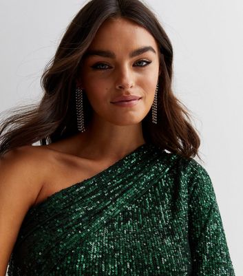 Hollywood Moment Green Sequin One Shoulder One Long Sleeve Backless Mermaid  Maxi Dress | Green sequin dress, Prom dresses with sleeves, Green sequins