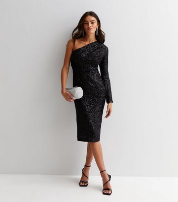 Black one discount shoulder midi dress