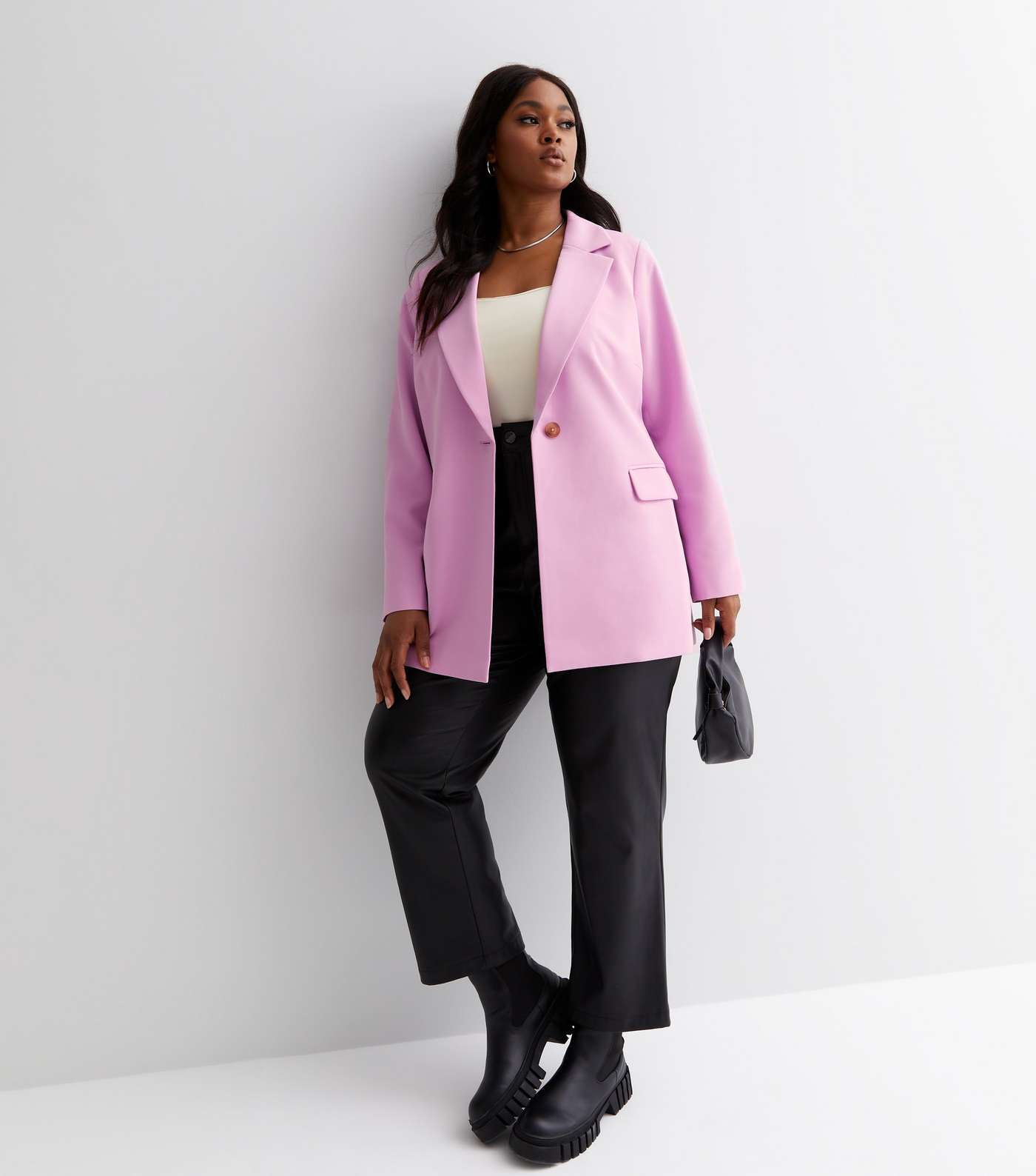 Curves Pink Revere Collar Relaxed Fit Blazer Image 3