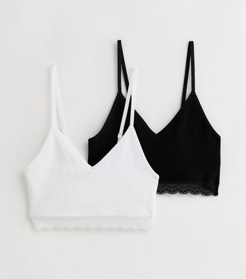 Girls 2 Pack Black and White Lace Trim Crop Tops New Look
