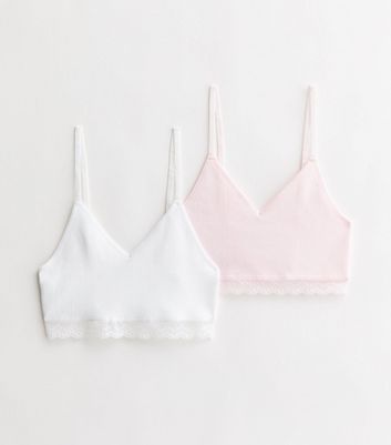 Girls 2 Pack Pink and White Lace Trim Crop Tops New Look