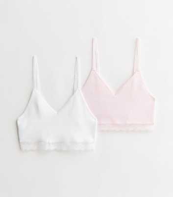 Girls 2 Pack Pink and White Lace Trim Crop Tops